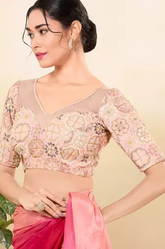 Women's net padded back open elbow sleeves saree blouse