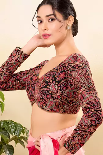 Women's silk padded back open full sleeves saree blouse