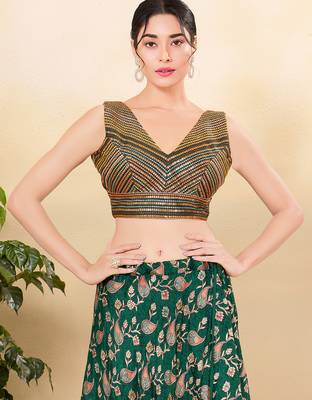 Women's jain silk padded back open sleeveless saree blouse 1