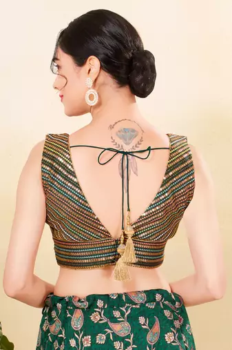 Women's jain silk padded back open sleeveless saree blouse