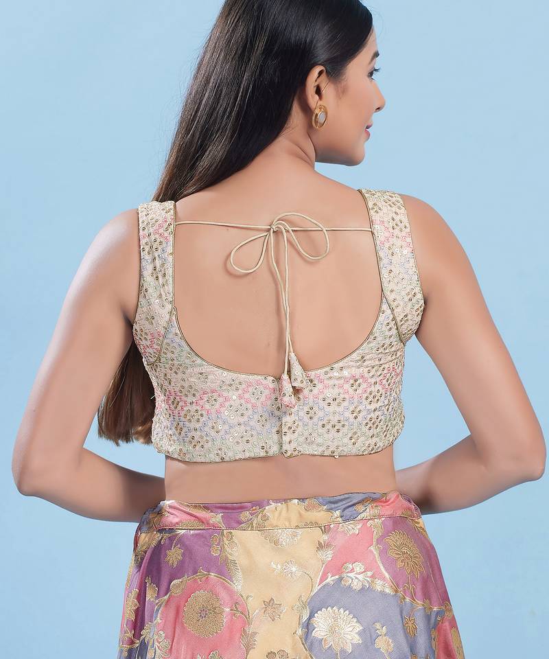 Women's dupion silk padded back open sleeveless saree blouse