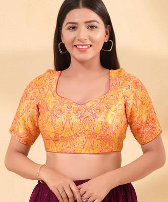 Women's brocade padded back open elbow sleeves saree blouse 1