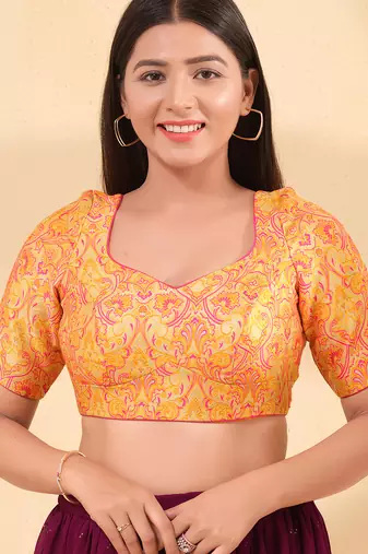 Women's brocade padded back open elbow sleeves saree blouse