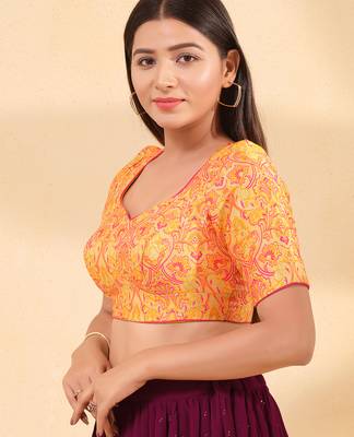 Women's brocade padded back open elbow sleeves saree blouse 2
