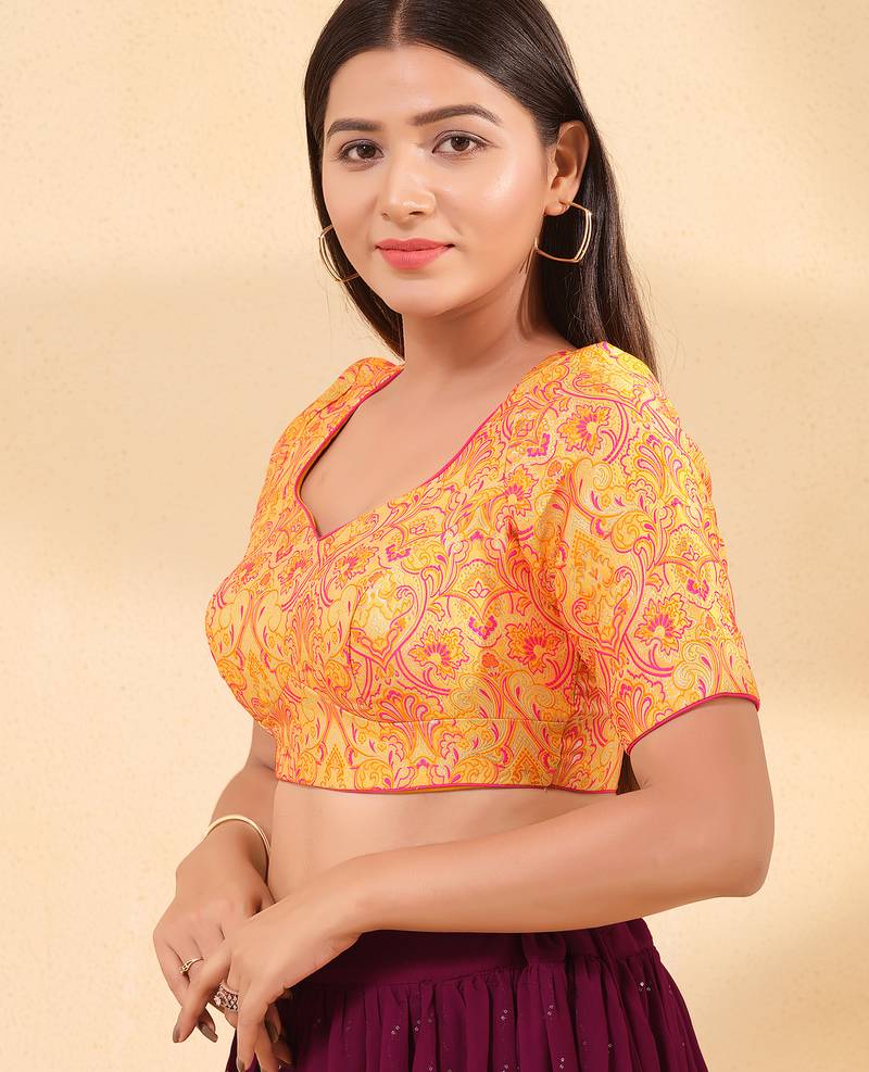 Women's brocade padded back open elbow sleeves saree blouse