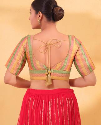 Women's brocade padded back open elbow sleeves saree blouse 3