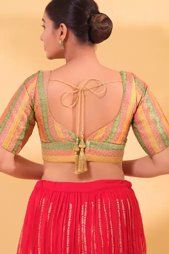 Women's brocade padded back open elbow sleeves saree blouse
