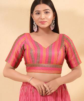 Women's brocade padded back open elbow sleeves saree blouse 1