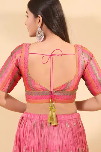 Women's brocade padded back open elbow sleeves saree blouse