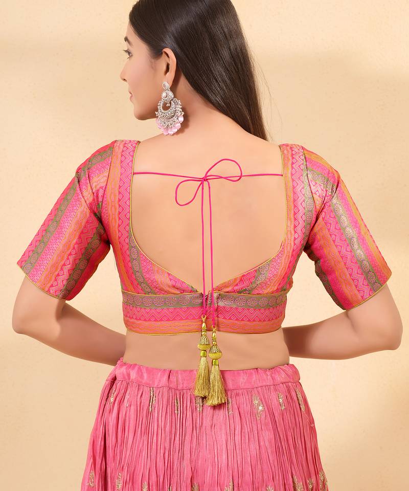 Women's brocade padded back open elbow sleeves saree blouse