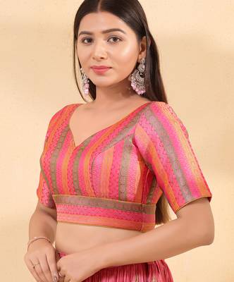 Women's brocade padded back open elbow sleeves saree blouse 3