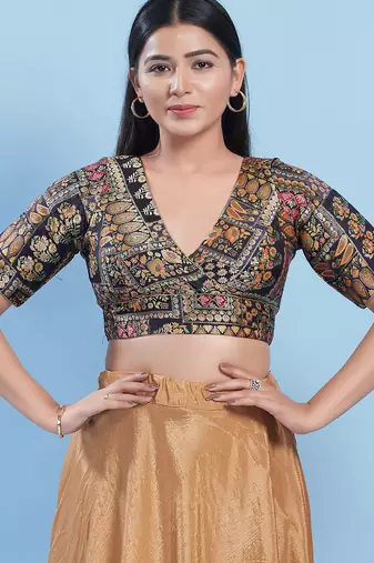 Women's brocade padded back open elbow sleeves saree blouse