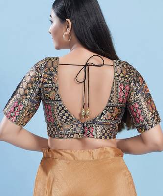 Women's brocade padded back open elbow sleeves saree blouse 2