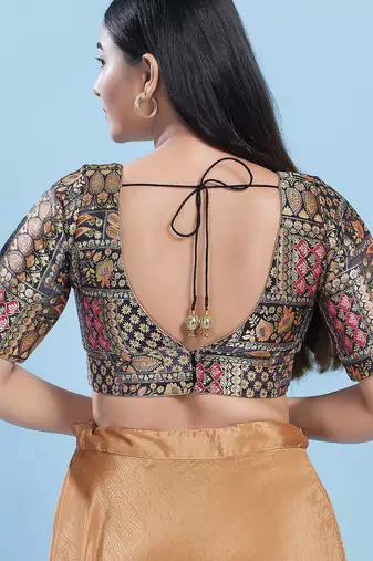 Women's brocade padded back open elbow sleeves saree blouse