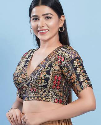 Women's brocade padded back open elbow sleeves saree blouse 3