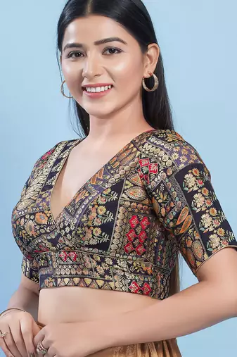Women's brocade padded back open elbow sleeves saree blouse