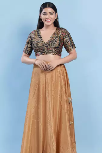 Women's brocade padded back open elbow sleeves saree blouse