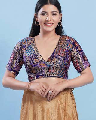 Women's brocade padded back open elbow sleeves saree blouse 1