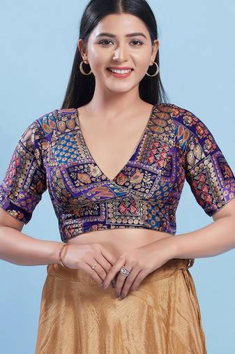 Women's brocade padded back open elbow sleeves saree blouse
