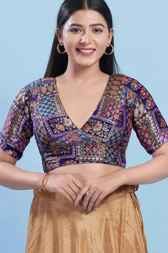 Women's brocade padded back open elbow sleeves saree blouse