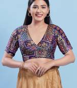 Women's brocade padded back open elbow sleeves saree blouse