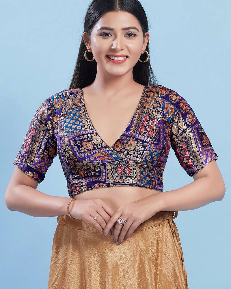 Women's brocade padded back open elbow sleeves saree blouse