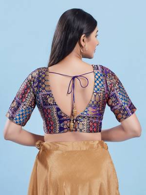 Women's brocade padded back open elbow sleeves saree blouse 2