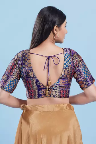 Women's brocade padded back open elbow sleeves saree blouse