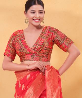 Women's brocade padded back open elbow sleeves saree blouse 1
