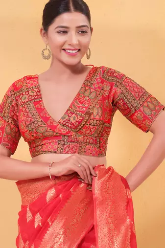 Women's brocade padded back open elbow sleeves saree blouse