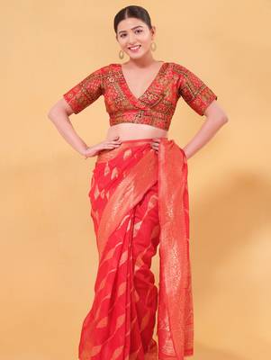 Women's brocade padded back open elbow sleeves saree blouse 2