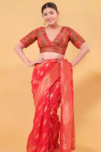 Women's brocade padded back open elbow sleeves saree blouse