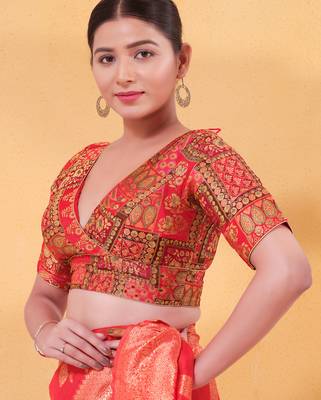 Women's brocade padded back open elbow sleeves saree blouse 3