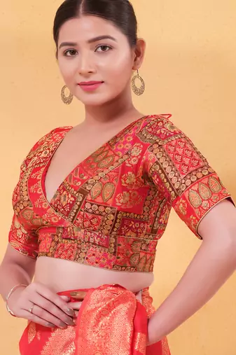 Women's brocade padded back open elbow sleeves saree blouse