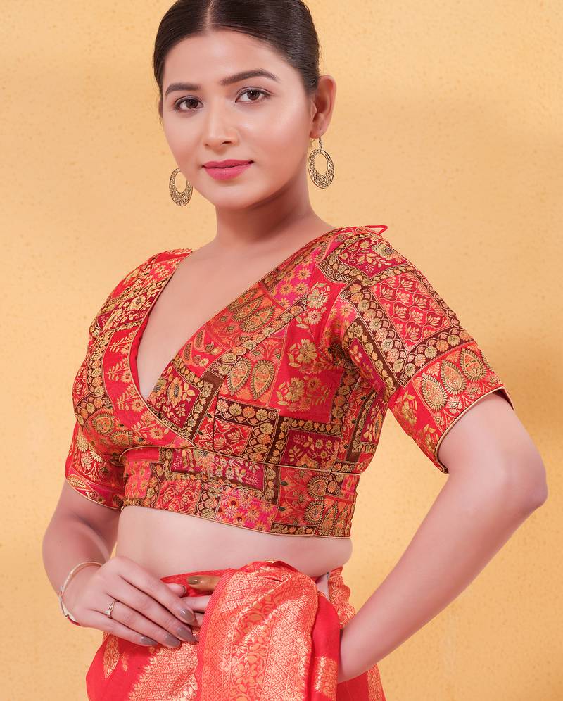 Women's brocade padded back open elbow sleeves saree blouse
