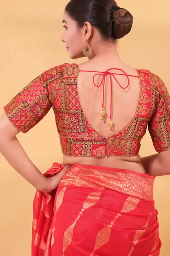 Women's brocade padded back open elbow sleeves saree blouse