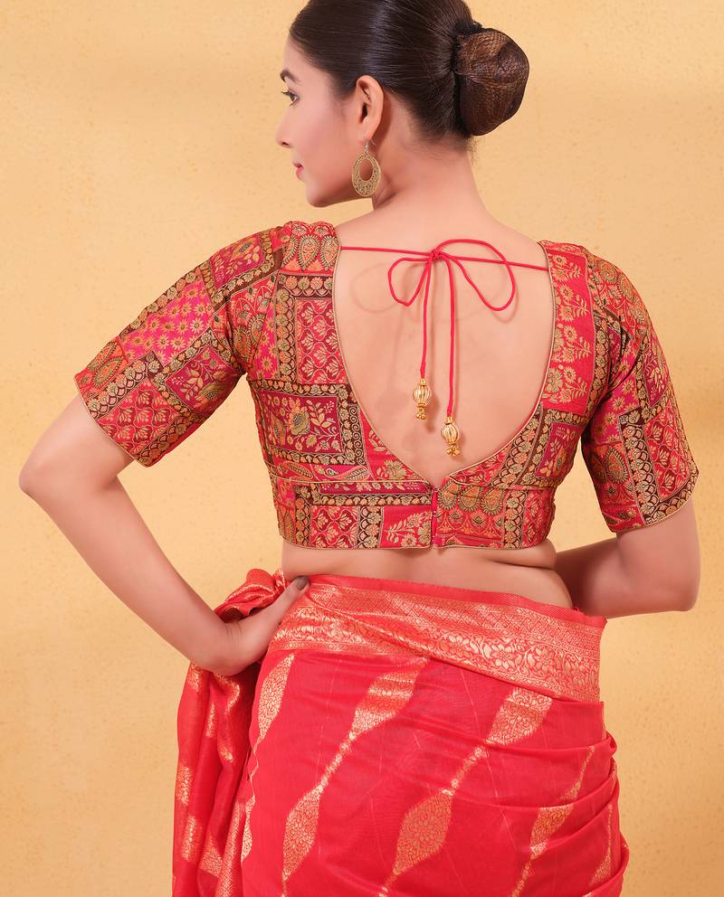 Women's brocade padded back open elbow sleeves saree blouse