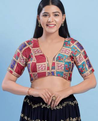 Women's jain silk padded back open elbow sleeves saree blouse 1