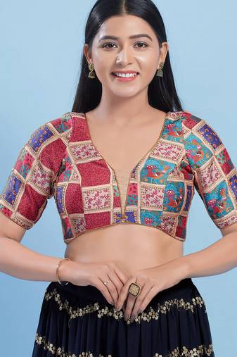Women's jain silk padded back open elbow sleeves saree blouse