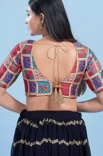 Women's jain silk padded back open elbow sleeves saree blouse