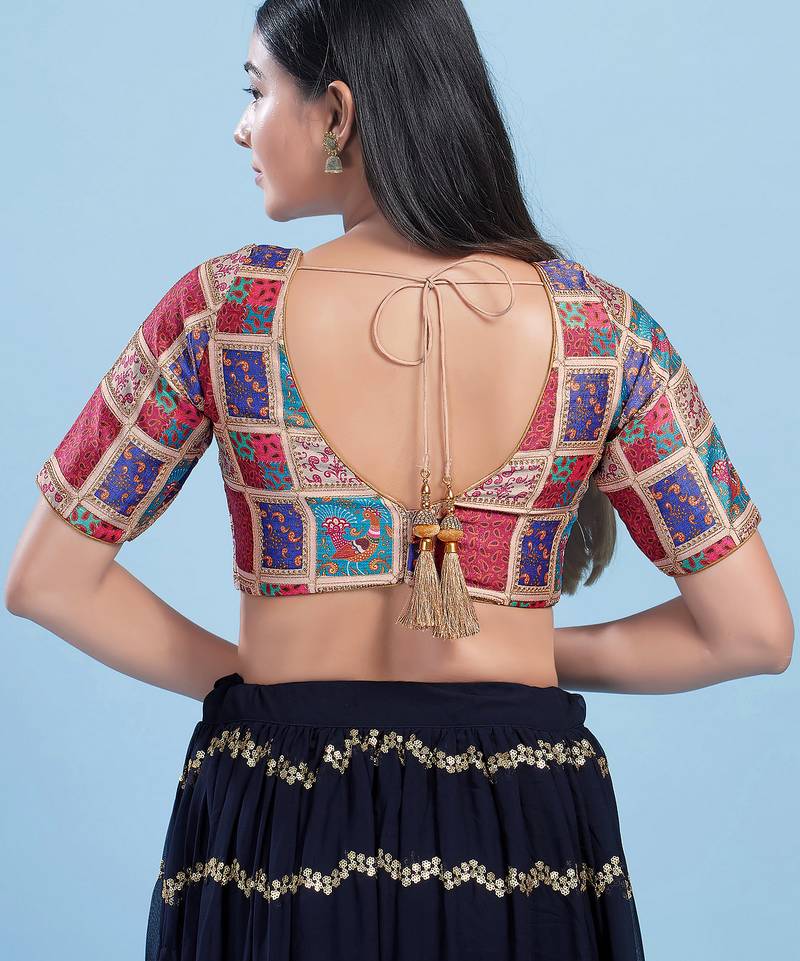 Women's jain silk padded back open elbow sleeves saree blouse