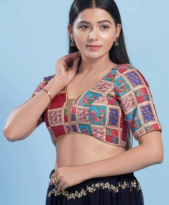 Women's jain silk padded back open elbow sleeves saree blouse 3