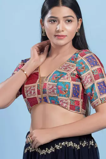Women's jain silk padded back open elbow sleeves saree blouse