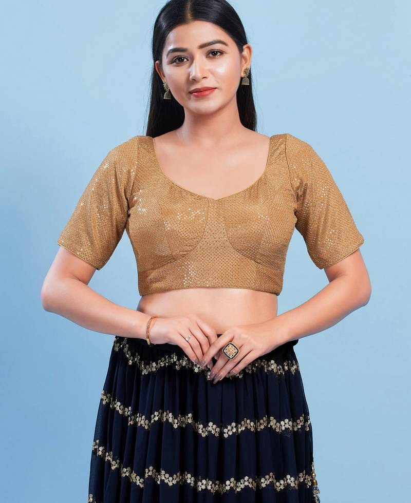 Women's jain silk padded back open elbow sleeves saree blouse