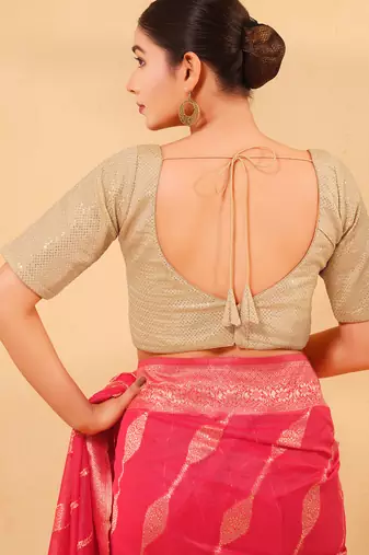 Women's jain silk padded back open elbow sleeves saree blouse