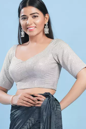Women's jain silk padded back open elbow sleeves saree blouse