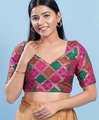 Women's silk padded back open elbow sleeves saree blouse 1
