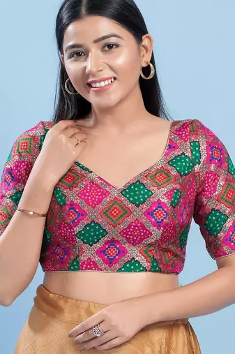 Women's silk padded back open elbow sleeves saree blouse