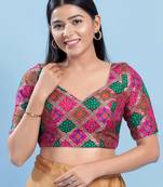 Women's silk padded back open elbow sleeves saree blouse