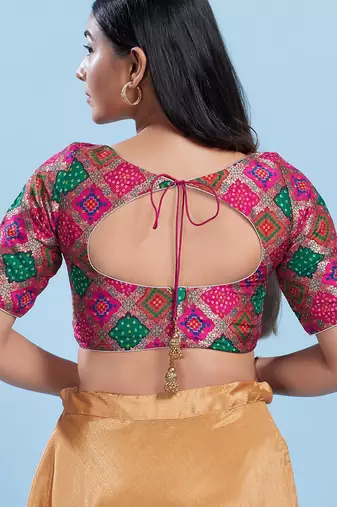 Women's silk padded back open elbow sleeves saree blouse